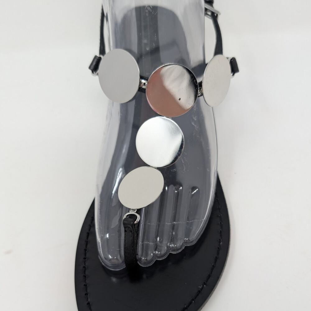 Tory Burch Black Leather Summer Sandals Silver Disc Heels Size 9 - Picture 4 of 16